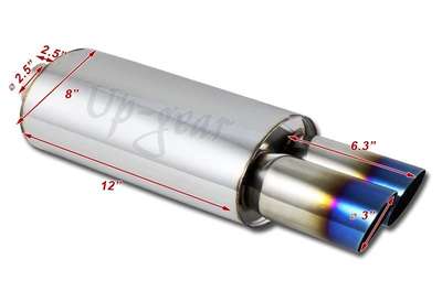 Universal 3" Dual Titanium Burnt Slant Tip Stainless Exhaust Muffler 2.5" Inlet image 3