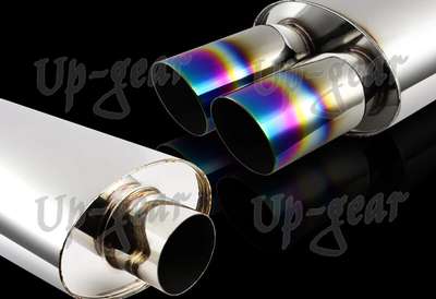 Universal 3" Dual Rainbow Burnt Slant Tip Stainless Exhaust Muffler 2.5" Inlet image 3