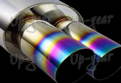 Universal 3" Dual Rainbow Burnt Slant Tip Stainless Exhaust Muffler 2.5" Inlet image 4