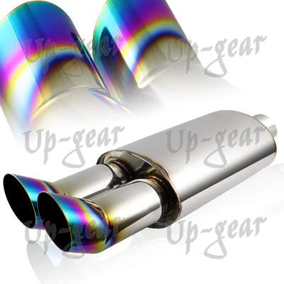 Universal 3" Dual Rainbow Burnt Tip Stainless T-304 Exhaust Muffler 2.5" Inlet