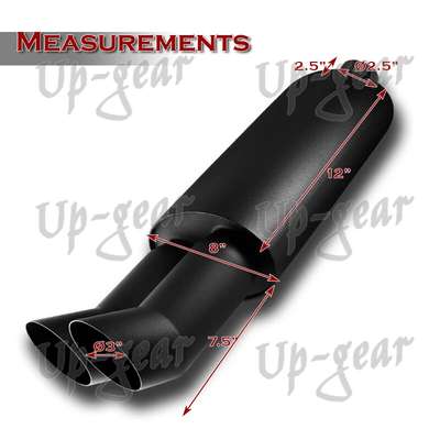 Universal 3" DTM Style Dual Tip Black T-304 Weld-on Exhaust Muffler 2.5" Inlet image 2