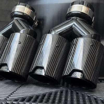 BMW M PERFORMANCE BLACK CARBON FIBRE EXHAUST TIPS STEEL TWIN Y PIECE STAGGERED image 2