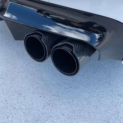 BMW M PERFORMANCE BLACK CARBON FIBRE EXHAUST TIPS STEEL TWIN Y PIECE STAGGERED image 4