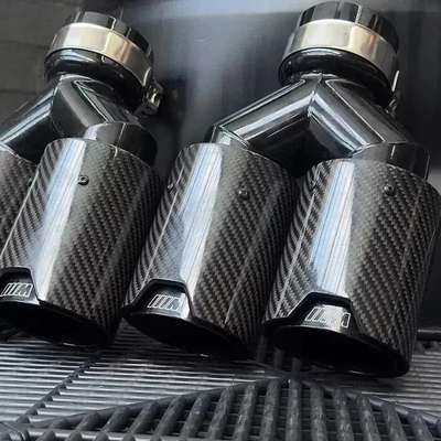 BMW M PERFORMANCE BLACK CARBON FIBRE EXHAUST TIPS STEEL TWIN Y PIECE STAGGERED image 4