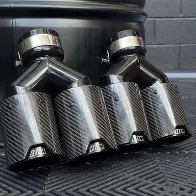 BMW M PERFORMANCE BLACK CARBON FIBRE EXHAUST TIPS STEEL TWIN Y PIECE STAGGERED