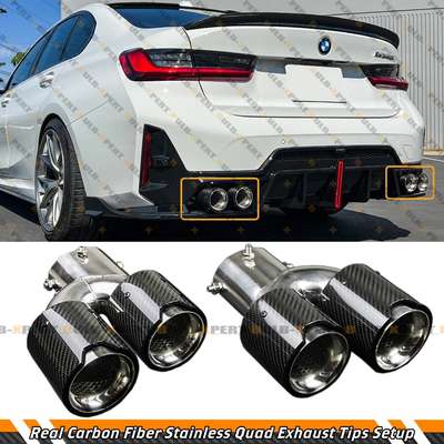 FOR 2019-26 BMW G20 M340i 330i CARBON FIBER STAINLESS QUAD EXHAUST TIP FINISHERS image 4